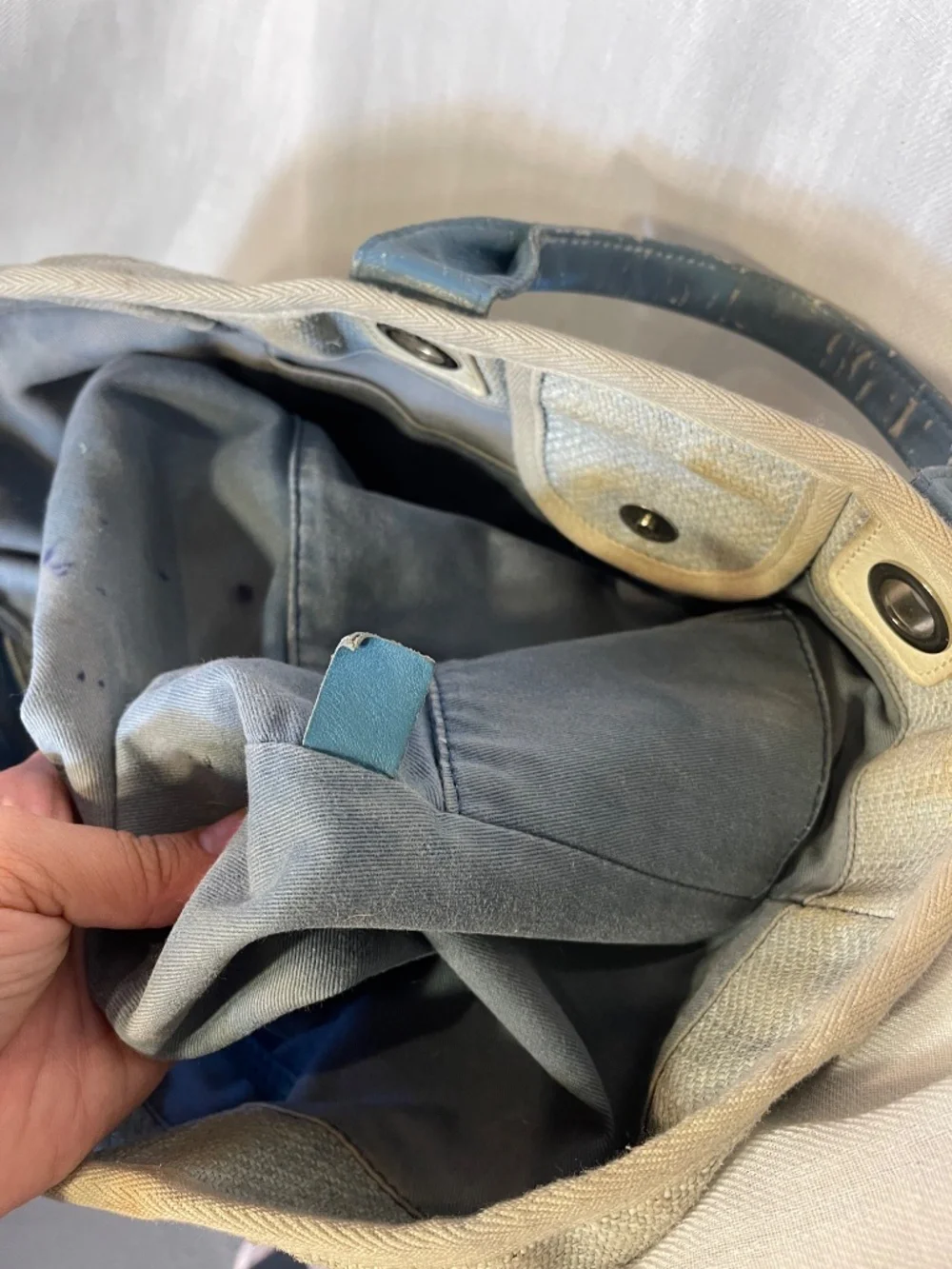 CHANEL Beige Canvas Tote with Blue Handles